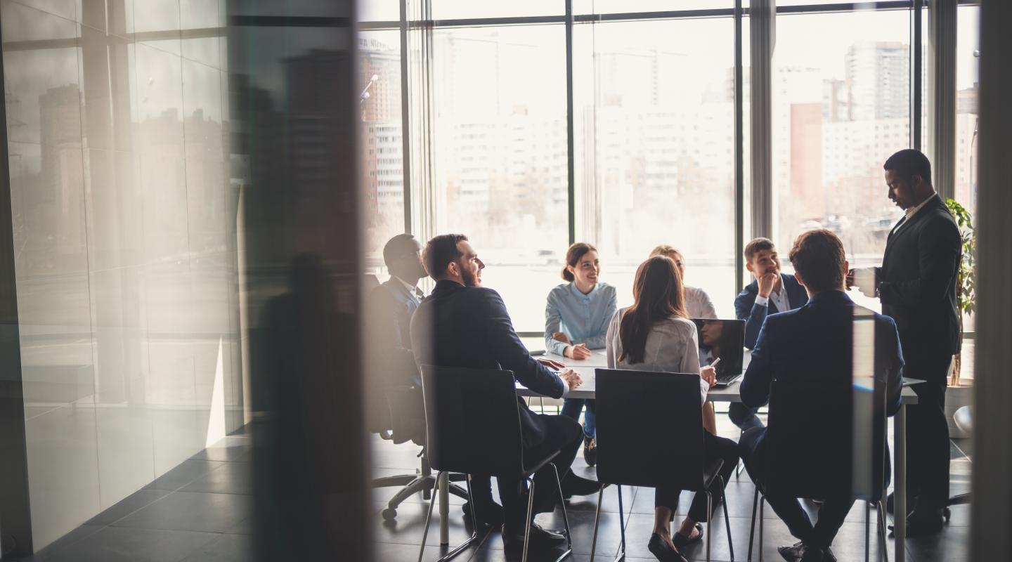 Group of young business professionals from a distance in a board room having a meeting