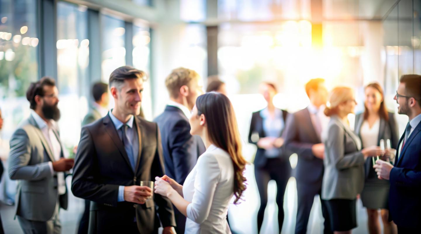 Group of professionals in a glass room networking