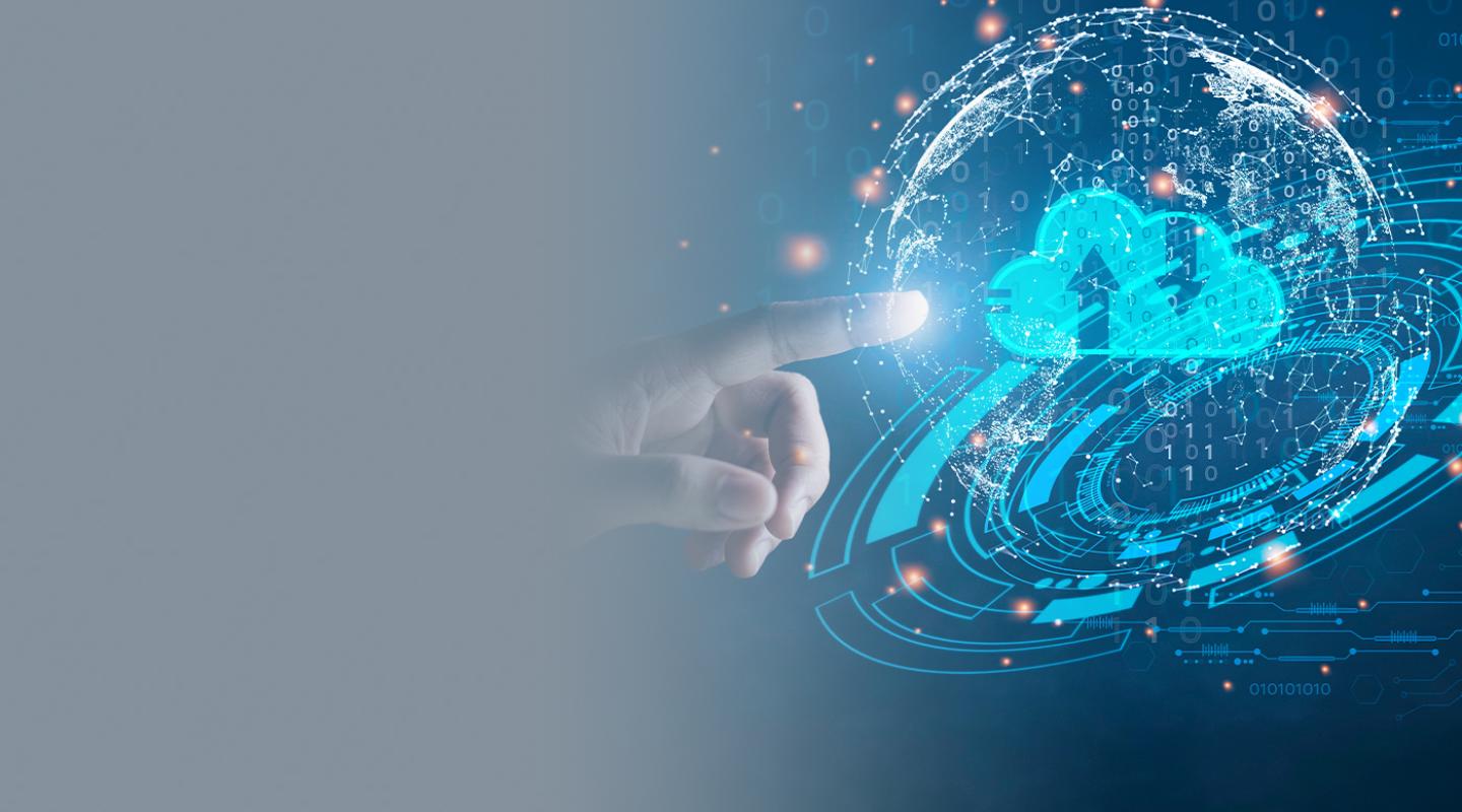 Finger pointing at a blue cloud icon and Earth graphic, depicting data exchange, technology