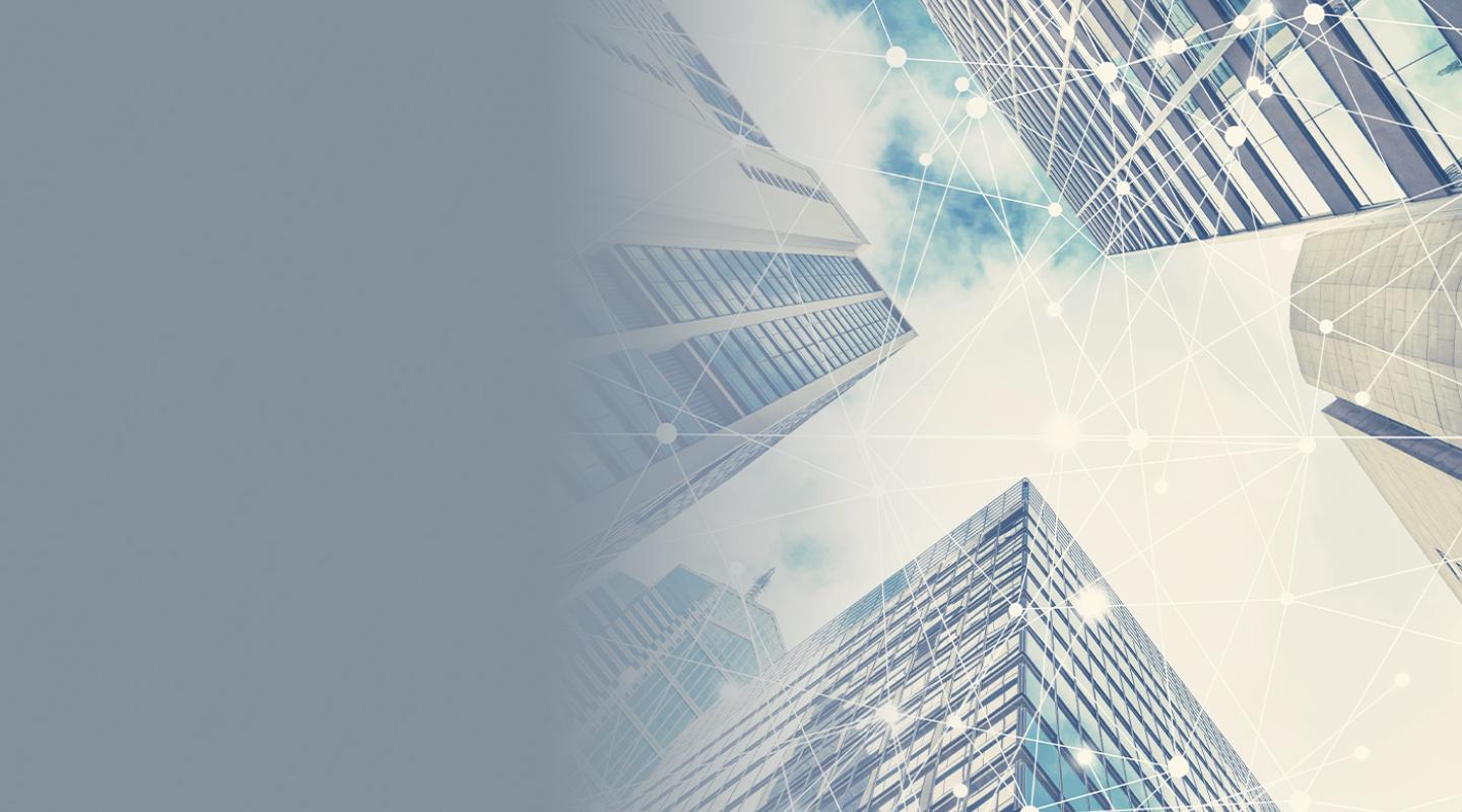 View from below of office buildings with white lines and nodes