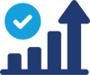 Blue icon showing bar graph and an arrow going up, with light blue circle checkmark on the left