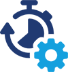 Blue icon of a timer with a clockwise arrow part of its shape, and light blue icon of a gear on the bottom right