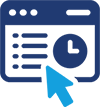Blue icon of computer screen with horizontal lines, a clock inside, and a light blue computer mouse clicking on the screen