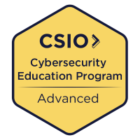 Yellow hexagonal shape with a black outline, inside displays the CSIO logo and the text &quot;Cybersecurity Education Program&quot; and &quot;Advanced&quot;