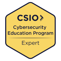 Yellow hexagonal shape with a black outline, inside displays the CSIO logo and the text &quot;Cybersecurity Education Program&quot; and &quot;Expert&quot;