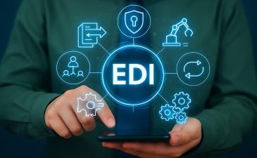 Man in business shirt and tie holding his phone, with the letters 'EDI' above in blue text, surrounded by technology icons