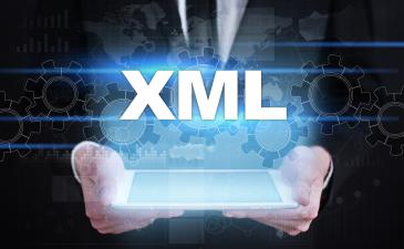 Business man holding tablet, with 'XML' text in white above, and icons of gears and a world map behind the person