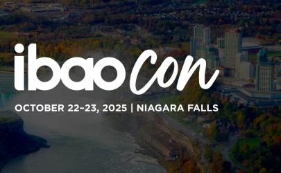 Aerial view of Niagara Falls with white text, "ibaocon" and "October 22-23, 2025, Niagara Falls"