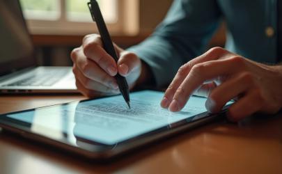 Male professional writing on a tablet