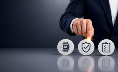 Businessman touching security shield icon representing corporate risk management data privacy protection and compliance strategy
