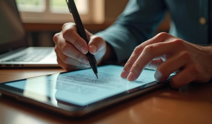 Male professional writing on a tablet