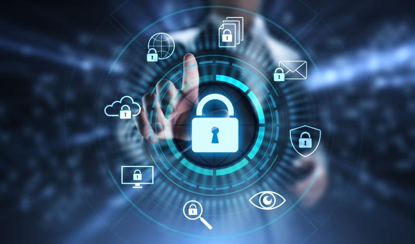 A hand points at a blue padlock icon with security icons surrounding it in a circle