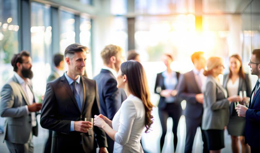 Group of professionals in a glass room networking