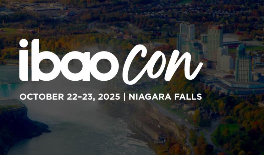 Aerial view of Niagara Falls with white text, &quot;ibaocon&quot; and &quot;October 22-23, 2025, Niagara Falls&quot;