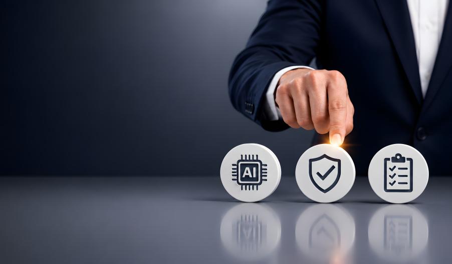 Businessman touching security shield icon representing corporate risk management data privacy protection and compliance strategy